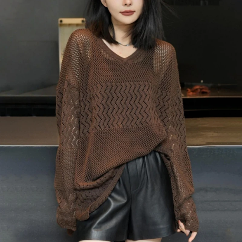 慵懒风长袖镂空针织衫女士2025早秋大码宽松显瘦薄款防晒罩衫上衣
