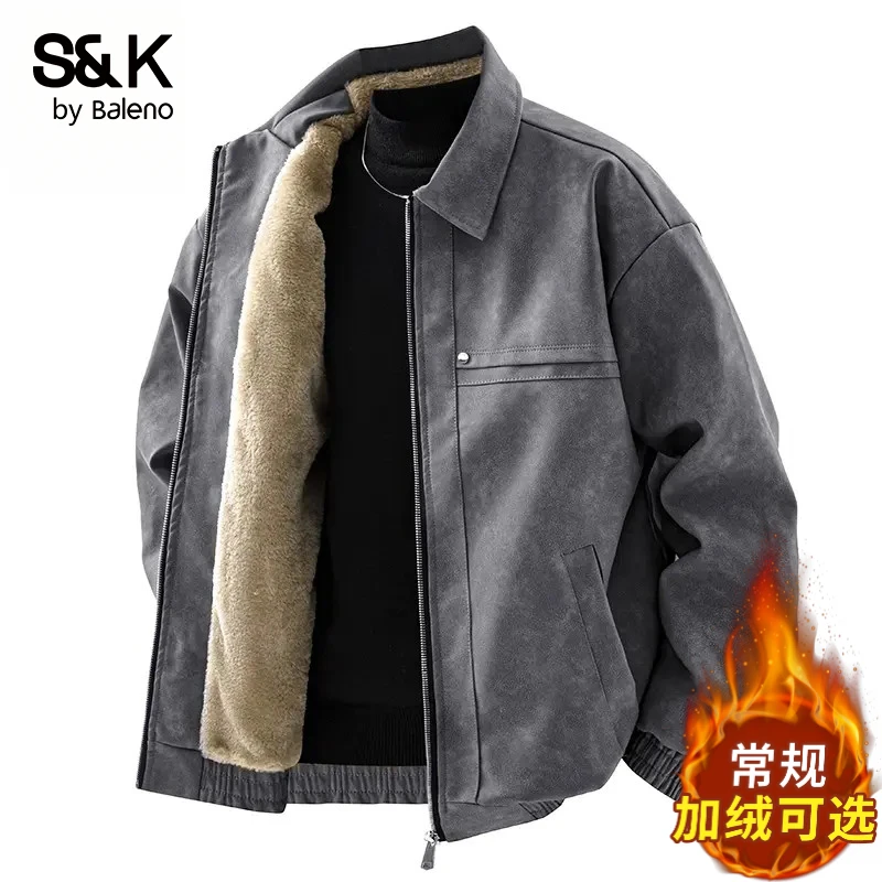 班尼路S&K复古保暖夹克男秋冬季新款加绒加厚休闲宽松皮衣外套男