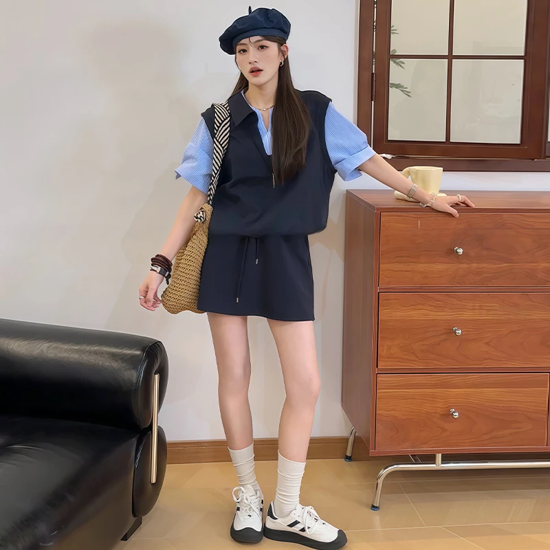 小个子韩版套装女2025年夏季新款时尚气质假两件上衣半身裙两件套