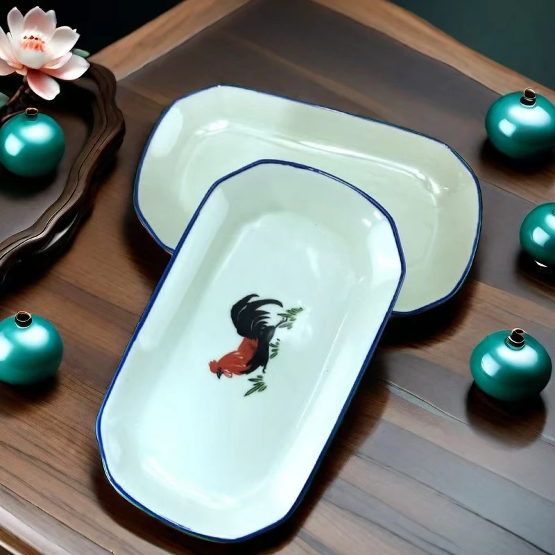 古典公鸡釉下彩复古怀旧长方形盘菜盘瓷盘饭盘八边盘切角盘蒸鱼盘