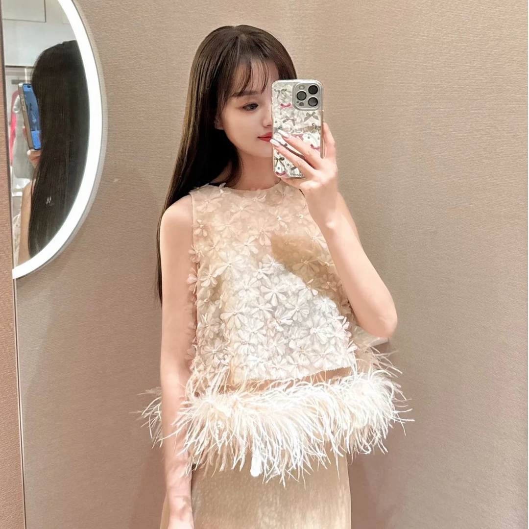 2025夏新款法式重工立体花朵羽毛拼接小香风上衣两件套【不可水洗】