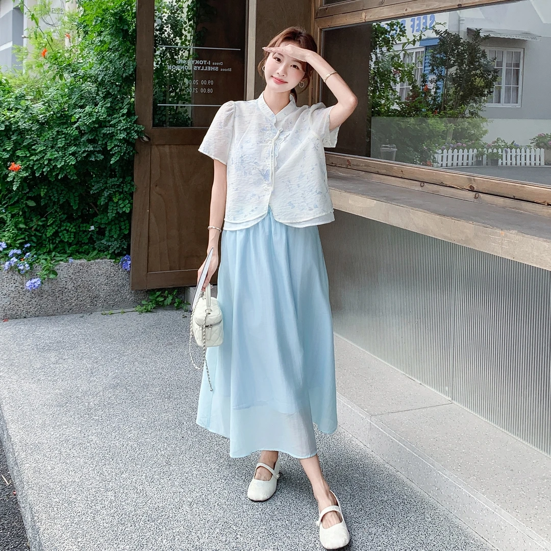 清雅国风改良旗袍套装裙女2025夏季新款复古盘扣小衫半身裙两件套