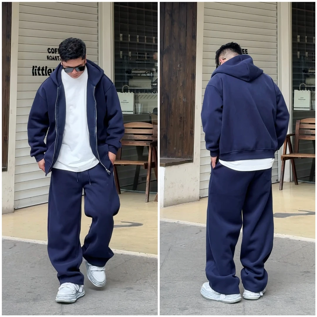 休闲运动套装宽松加绒加厚卫衣连帽百搭直筒裤情侣款拉链卫衣套装