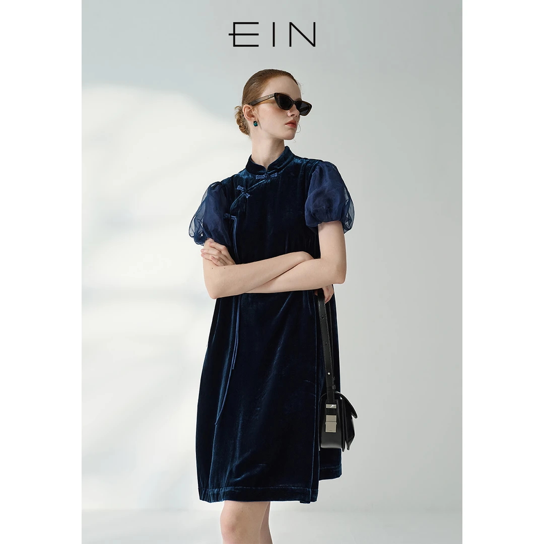 EIN/言文艺气质新中式斜襟乔绒撞料旗袍式连衣裙女装25年夏季款