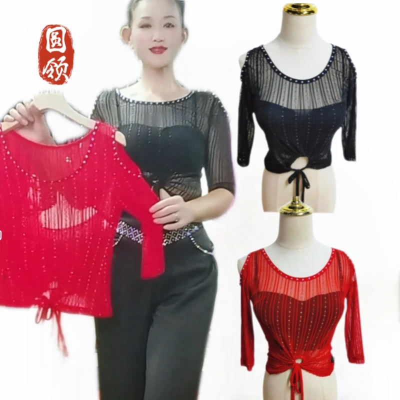 DA ER HUAN/大耳环【透肉抽绳】蕾丝中袖时尚镶钻三步踩广场舞上衣