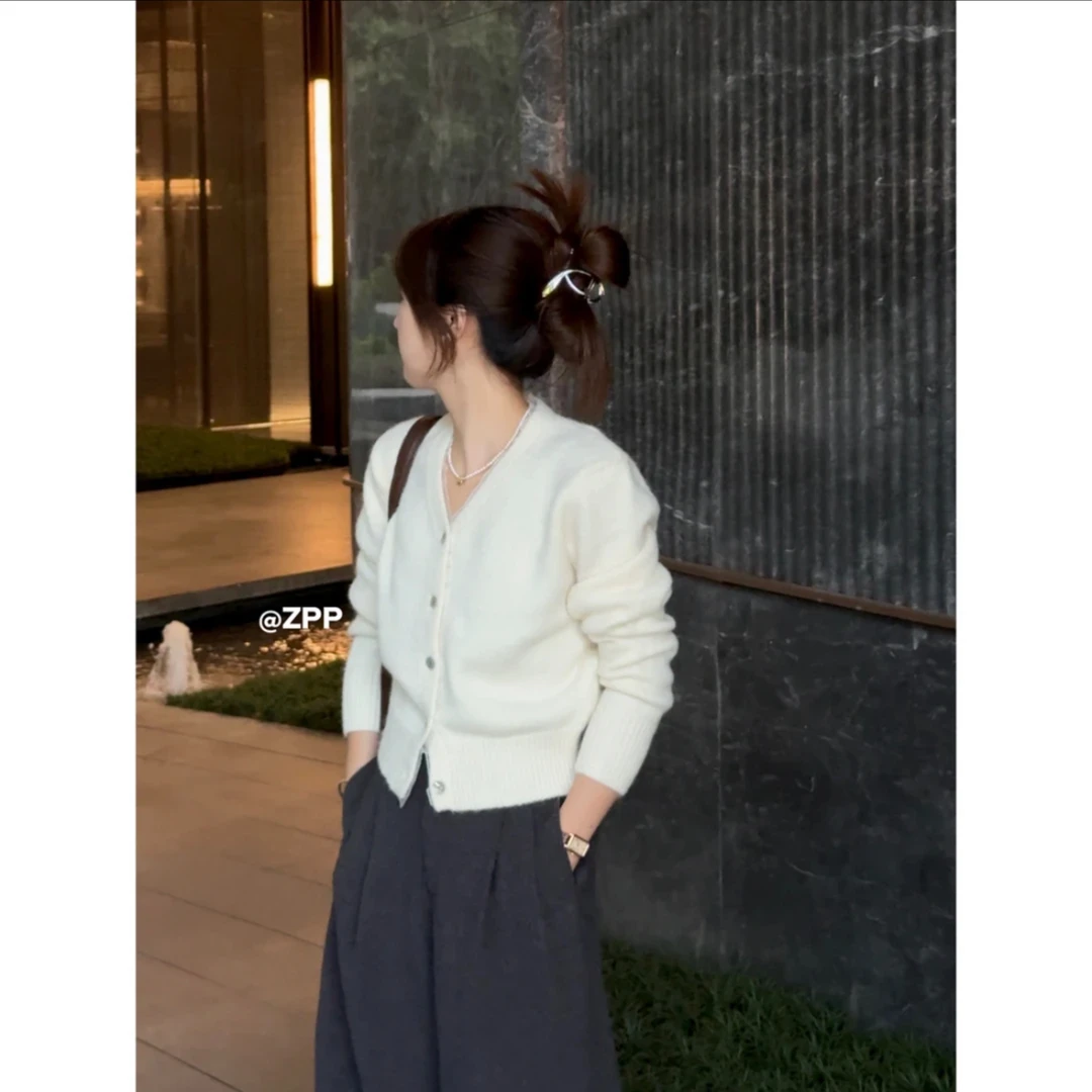 PP~网纱拼接v领开衫女韩版小个子毛衣简约宽松女