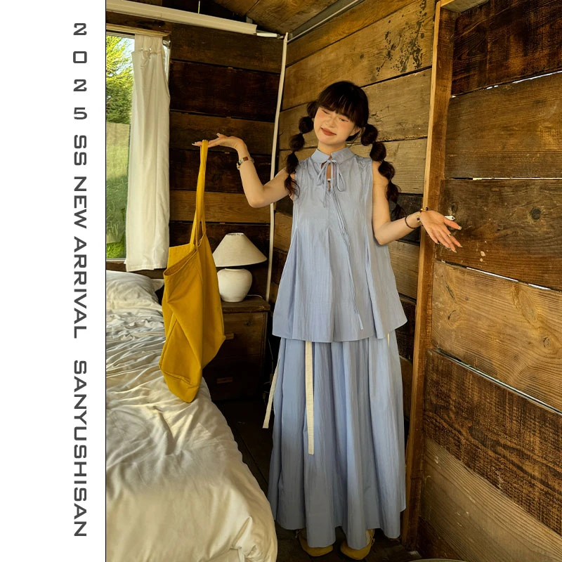 三与十三|蓝亦玫|复古韩系高级感气质无袖不规则背心加半身裙套装