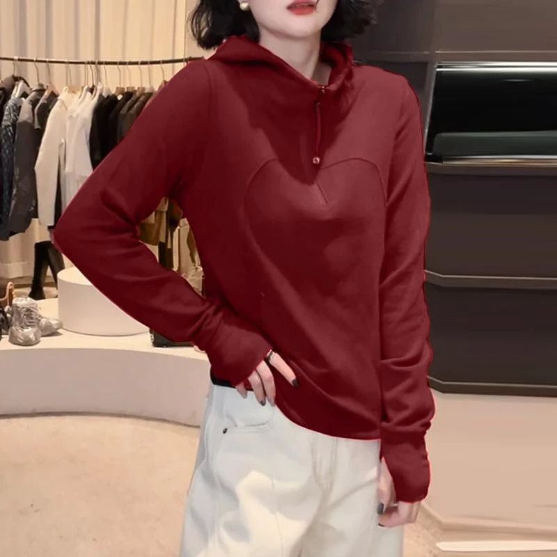 长袖半拉链连帽套头卫衣女冬季新款修身显瘦加绒加厚新年红上衣潮