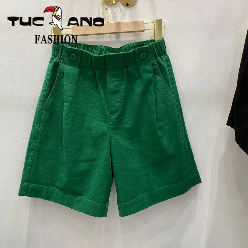 啄木鸟正品新款100%纯棉短裤女高腰松紧显瘦宽松百搭阔腿裤女潮流