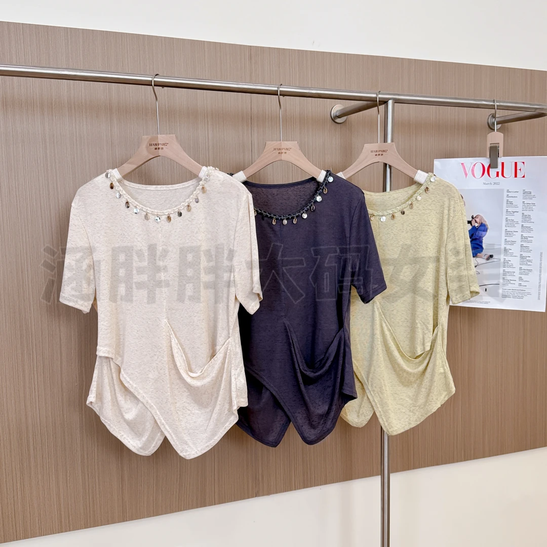 现货【涵胖胖】大码女时尚设计感流苏贝壳不规则短袖T恤A1616【B】