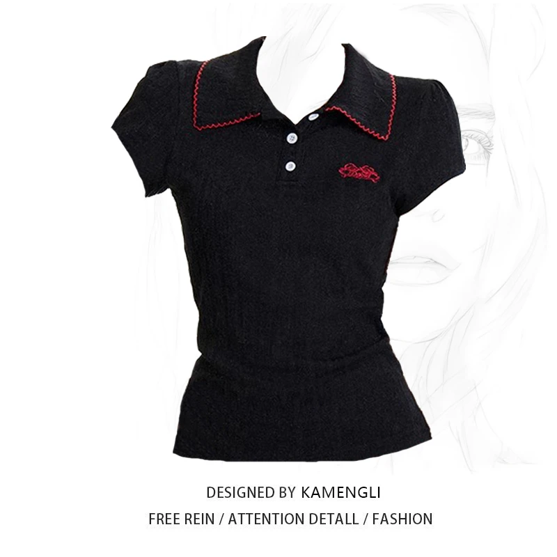 咔萌莉微胖MM刺绣时尚POLO领短袖t恤女夏季新款大码显瘦减龄上衣2