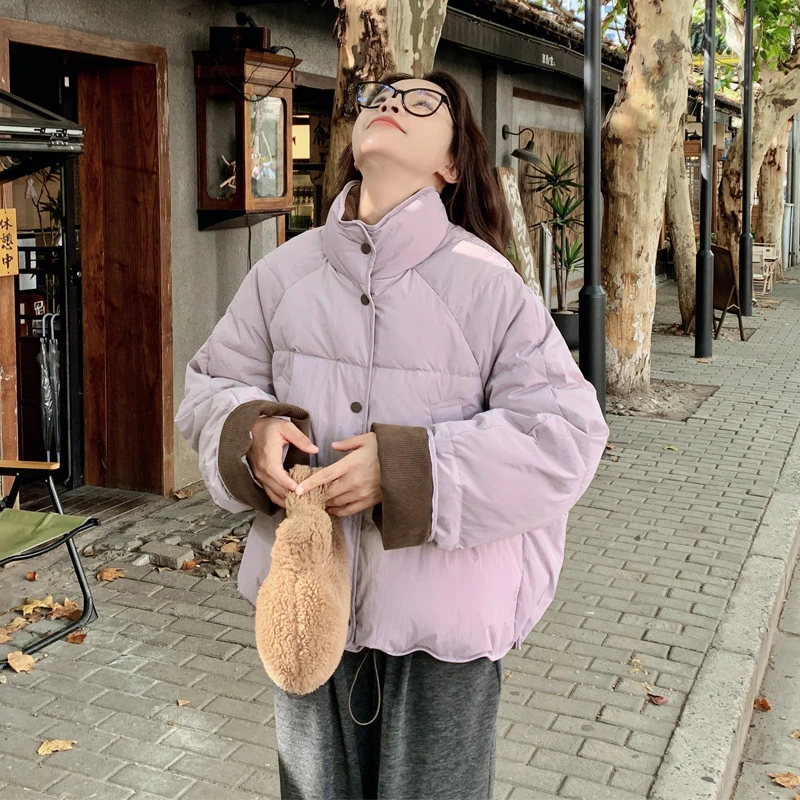 小个子羽绒服女短款2024冬季厚外套新款撞色立领白鸭绒韩系面包服