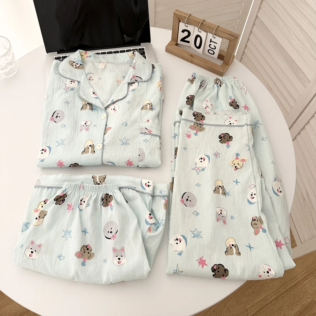 云朵棉短袖少女卡通三件套睡衣女夏季新款甜美可爱学生卡通家居服