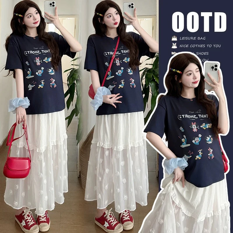 孕妇装2025新款洋气时尚卡通夏季短袖圆领T恤宽松上衣显瘦减龄