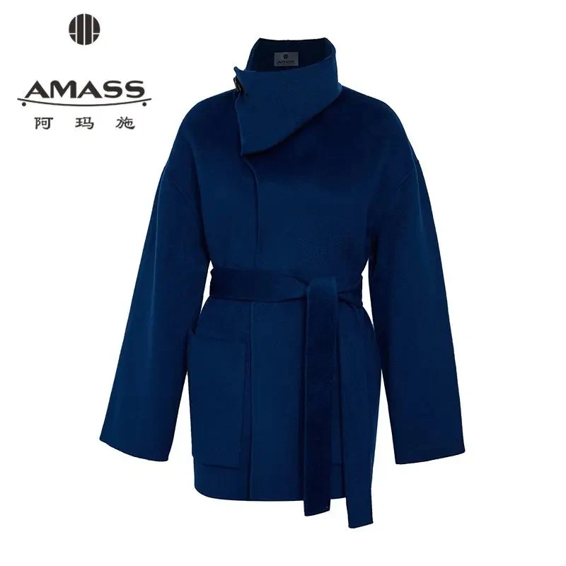AMASS/阿玛施秋冬新款540033山羊绒双面呢蓝色收腰保暖大衣外套