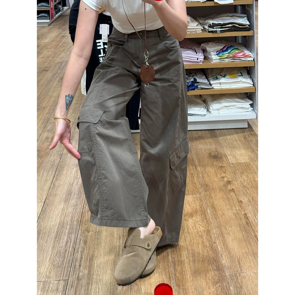 美式复古多口袋工装弯刀牛仔裤女春秋2025新款高腰宽松阔腿镰刀裤