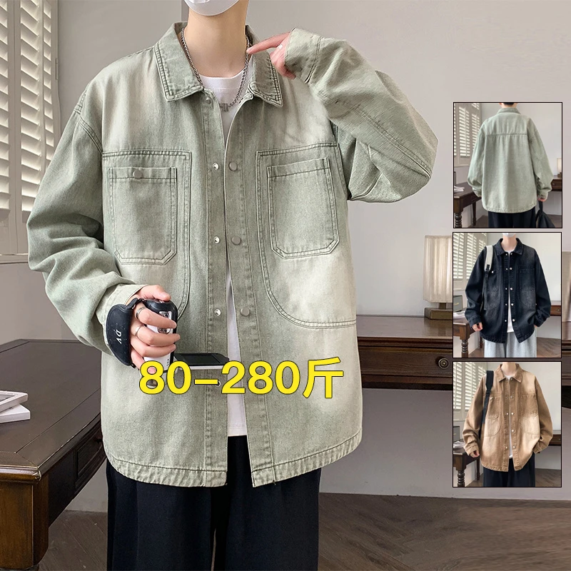 大码港风潮牌男士衬衫秋季新品复古风工装立领多口袋牛仔夹克外套