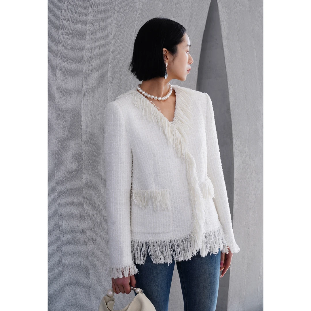 【微醺】超仙微甜重工早春流苏造型感重工小香中长款宽松减龄短外套