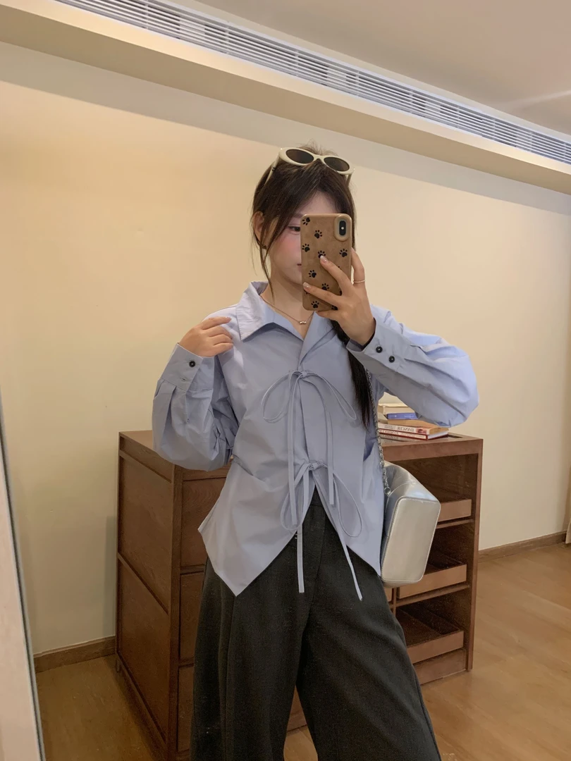 乌77韩版设计绑带衬衣2025新款百搭气质纯色长袖衬衫上衣