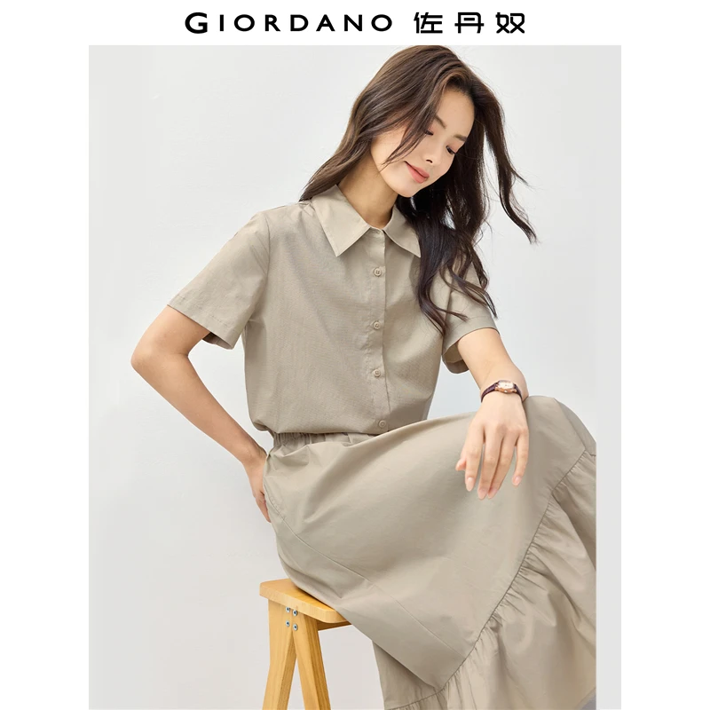 佐丹奴裙子女装翻领收腰荷叶边下摆梭织短袖连衣裙 05465060