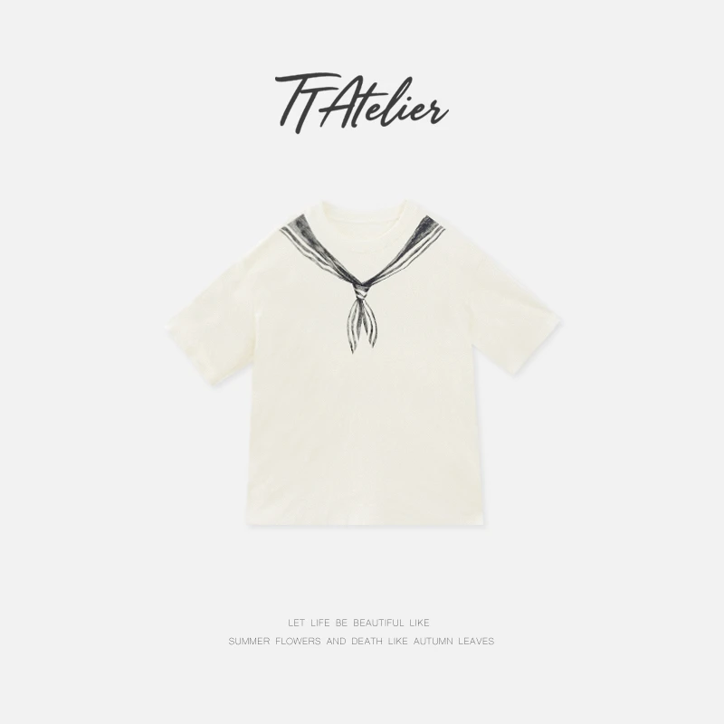 TT设计师【白领】日系慵懒感高级海军领结印花T恤TT190768