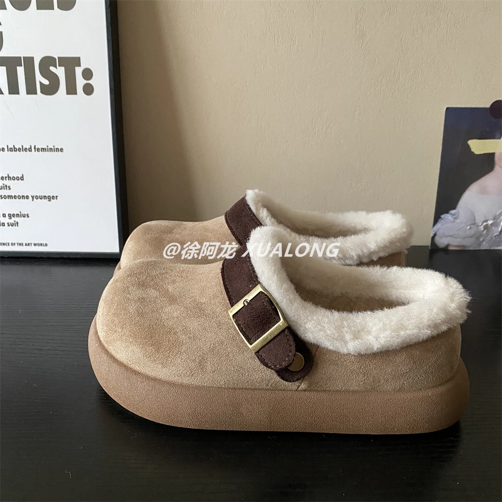 厚底一脚蹬全包勃肯鞋女加绒2025冬新款外穿保暖大头复古毛毛棉鞋