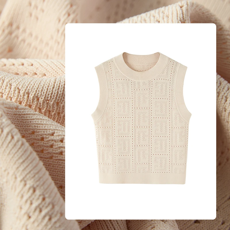 冰丝凉感毛针织衫背心女无袖镂空提花夏季新款百搭上衣圆领套头