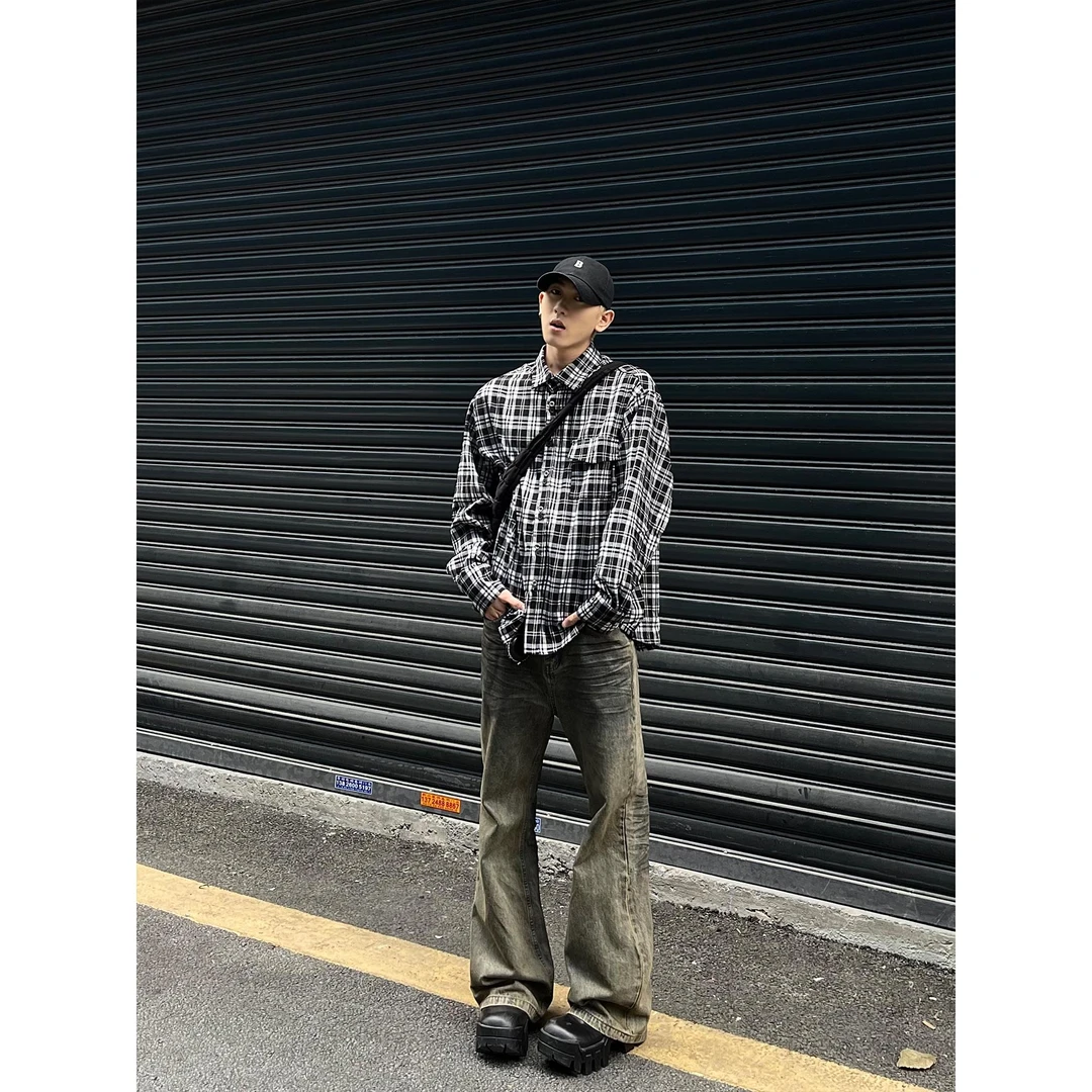 美式复古cleanfit高街黑白格子衬衫男生宽松休闲百搭高街印花开襟