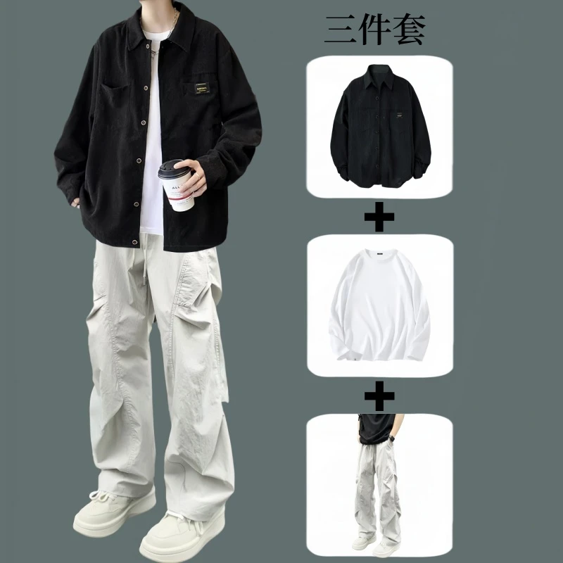 灯芯绒衬衫套装男生秋冬潮牌长袖衬衣外套搭配休闲工装长裤三件套