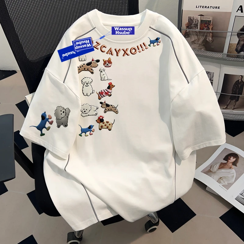 WASSUP HSUBE美式创意小清新短袖T恤夏季百搭休闲ins半袖情侣上衣