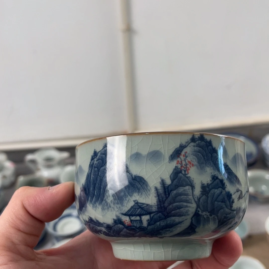 杯青花山水将军杯微瑕