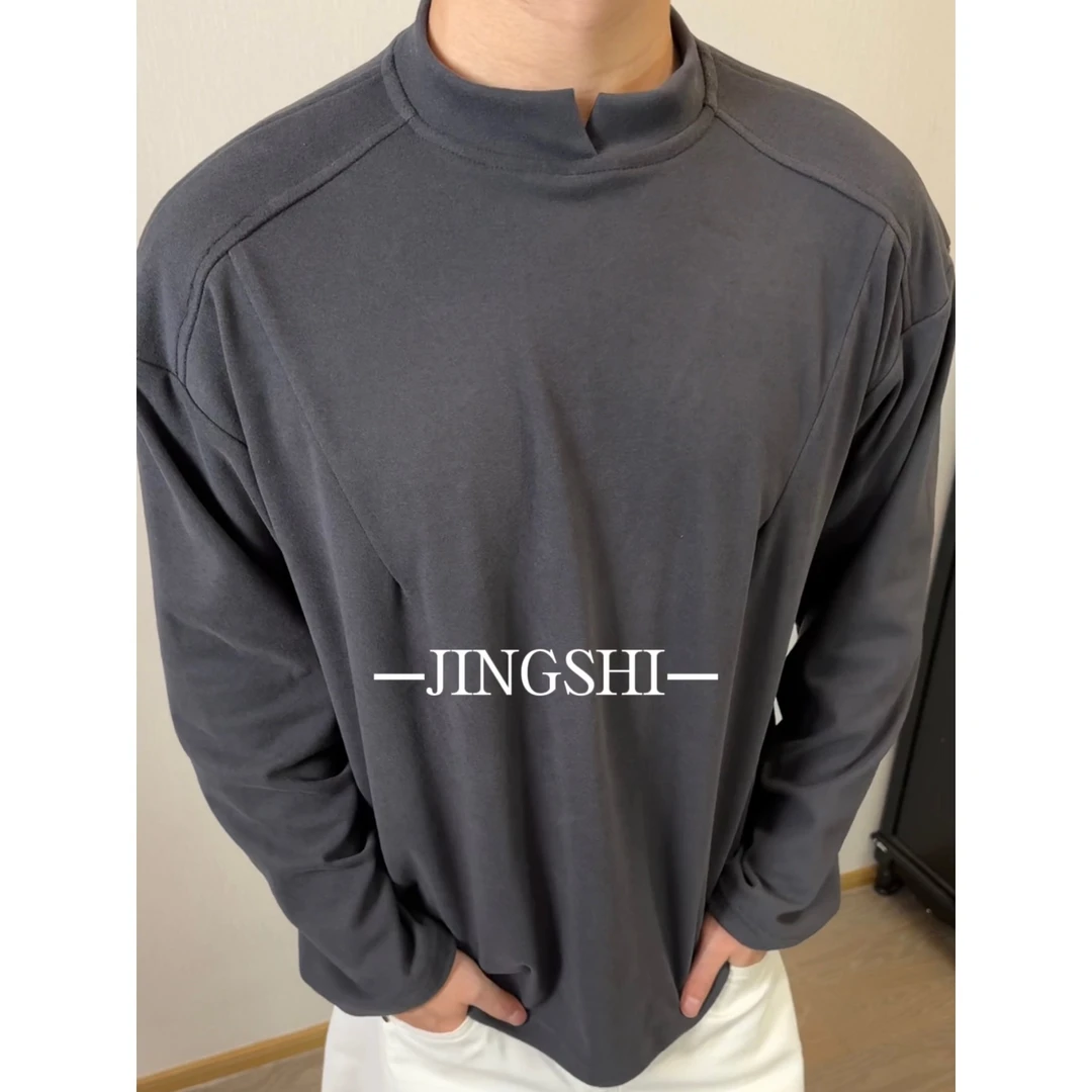 圆领T恤上衣春秋设计师水洗休闲长袖宽松型磨破男装百搭圆领