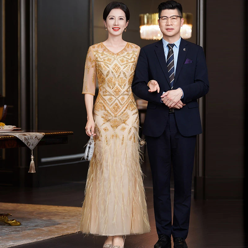 6021高贵年轻新款端庄重工主持走秀礼服裙高级感轻奢喜婆婆婚宴装
