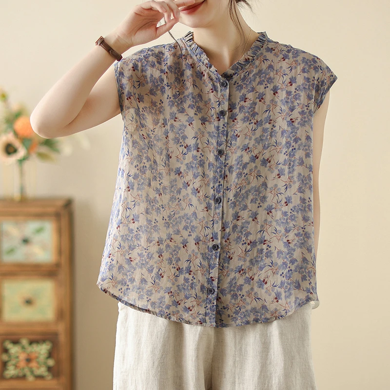 夏新款木耳领无袖印花衬衫复古文艺宽松百搭碎花女