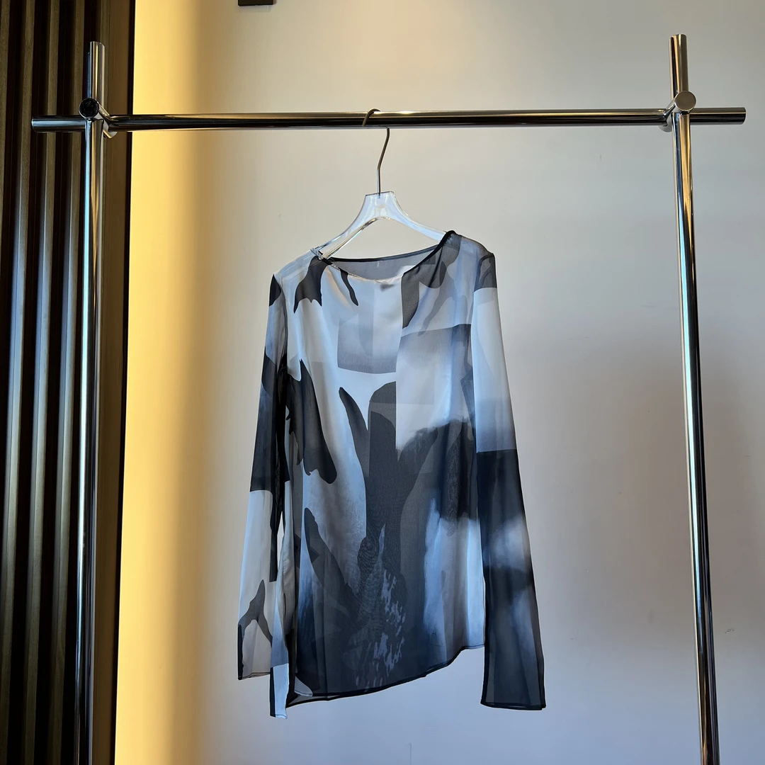 【大G精选】法式水墨印花轻薄雪纺衫2022秋季新款水墨画遮肉长袖