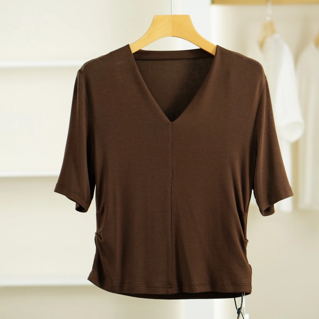 麦迪商品【设计师】E112 夏季女装时尚短袖T恤衫深咖色打底内搭