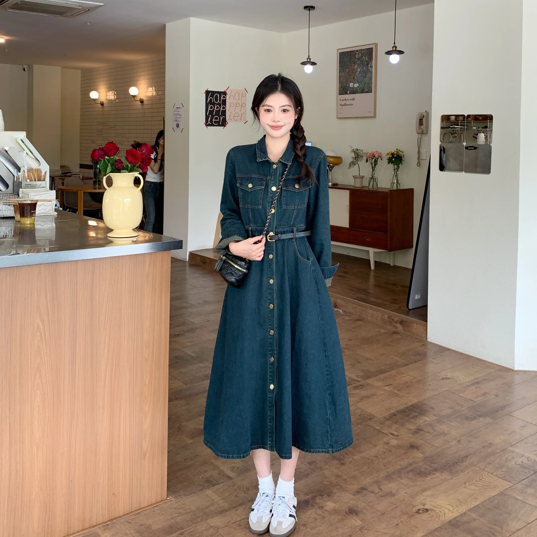 大码女装MM显瘦遮肉长袖连衣裙2025春季新款胖mm时尚休闲牛仔裙子