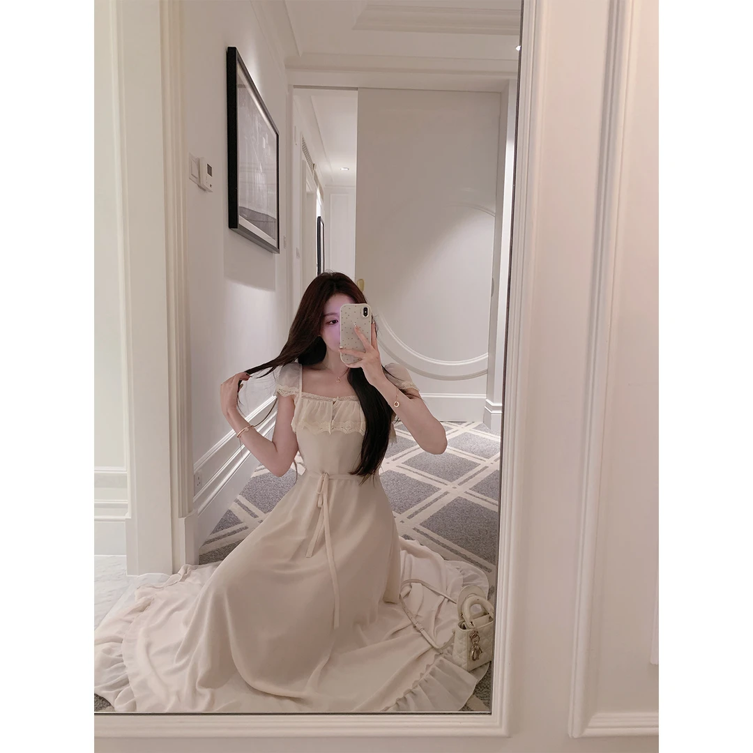 萌萌Ja 路易蔷薇~温柔淑女轻薄雪纺系带连衣裙减龄气质小众长裙夏