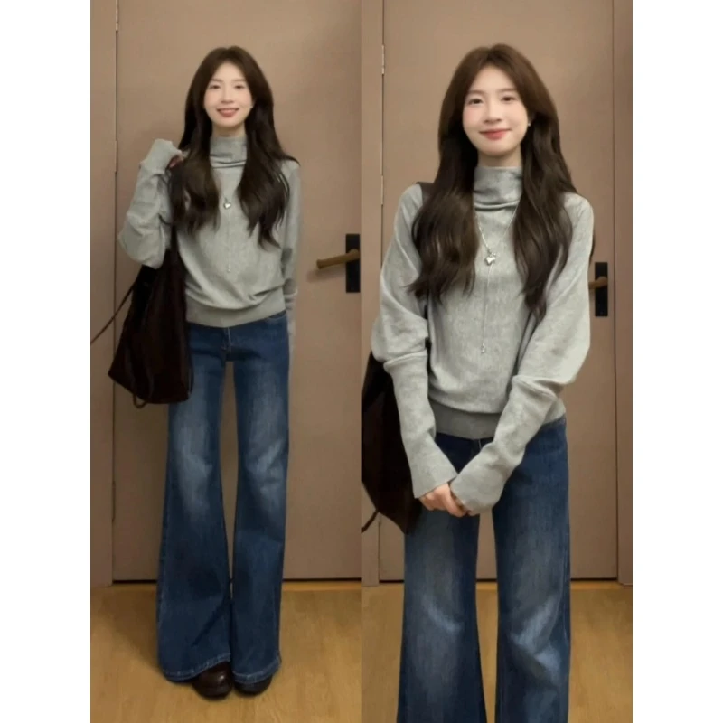 MARIE.COCO韩系穿搭高领蝙蝠袖针织衫秋季新款高腰微喇牛仔裤套装