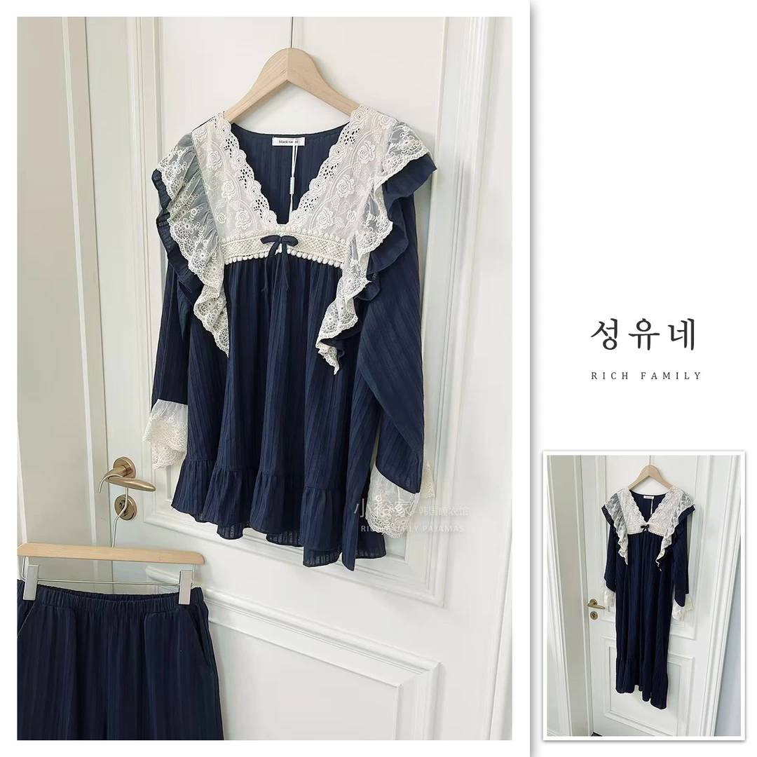 小裕家-高端定制》2025韩国ins爆款/藏蓝色蕾丝优雅轻奢/睡衣2103