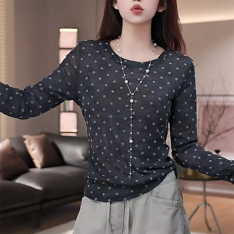 网纱扎染波点长袖t恤女夏季宽松显瘦印花透气防晒衫打底薄款上衣