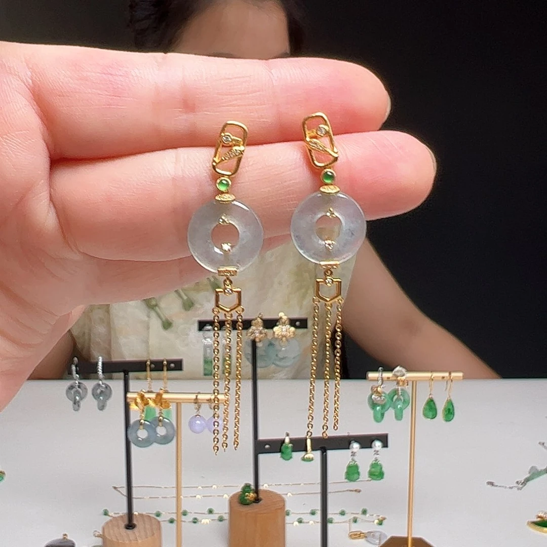 翡翠18K金镶嵌耳饰天然翡翠