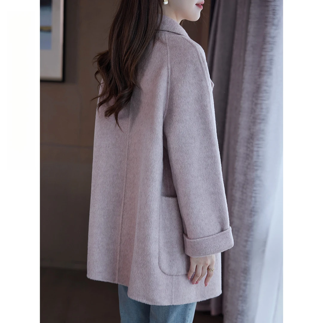 轻奢时尚粉色呢大衣宽松秋冬新款高端双面呢羊毛外套质感舒适保暖