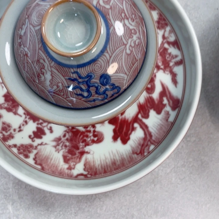 瓷片老陶泥麒麟踏浪盖碗