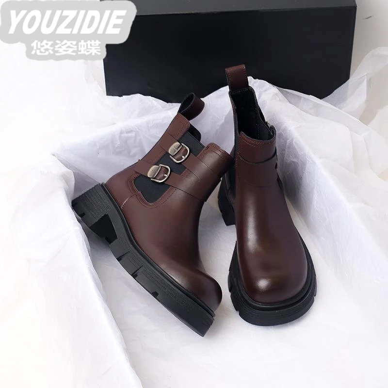 悠姿蝶●美拉德切尔西靴女新款秋冬时尚复古厚底烟筒短靴马丁靴