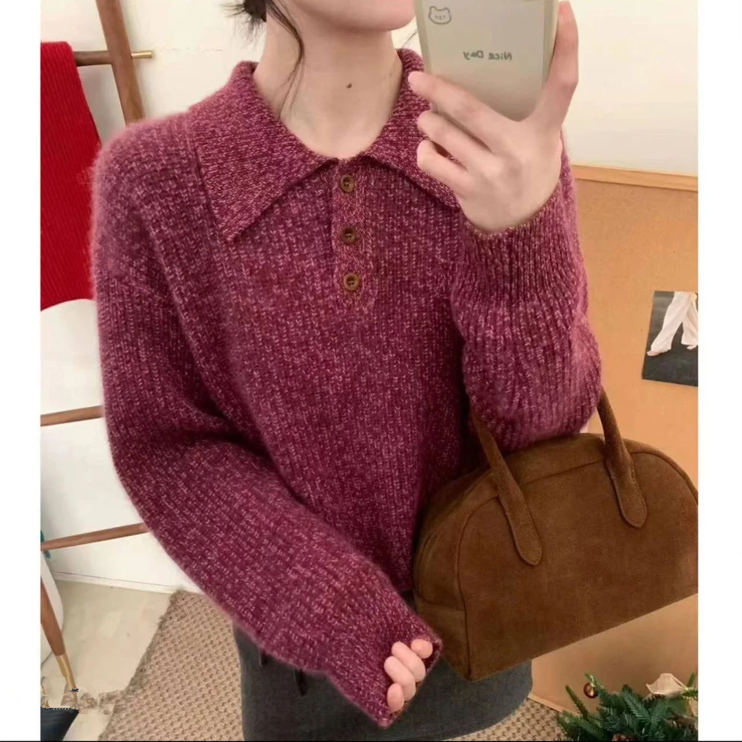 韩版慵懒风翻领半开扣针织衫女2025春秋季新款时尚百搭毛衣上衣潮