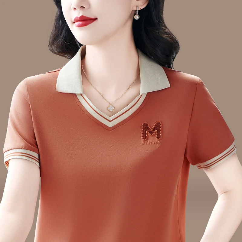 高级短袖女夏2025新款妈妈冰丝t恤宽松时尚减龄休闲上衣翻领绣花