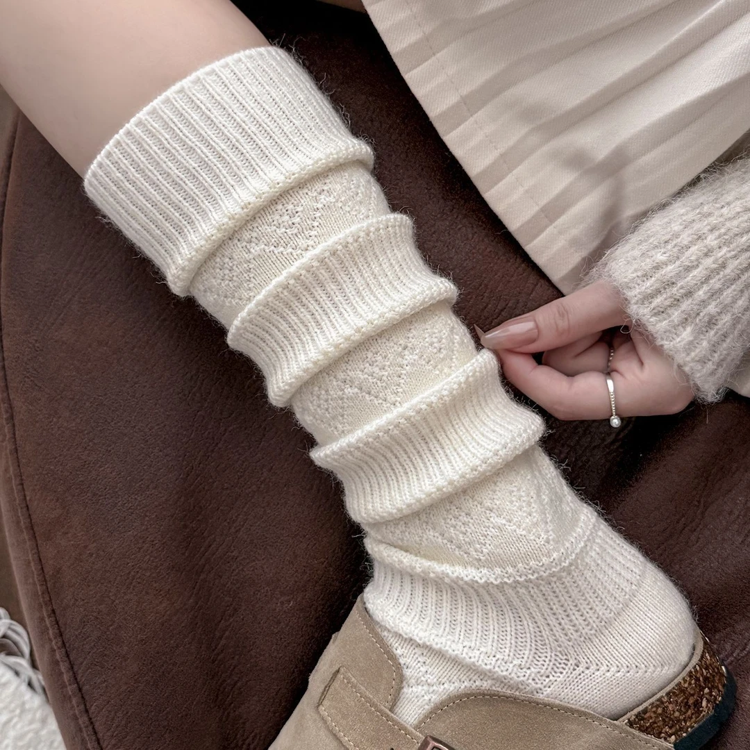 小腿袜子女秋冬加厚绒针织堆堆袜长袜菱格纹袜配勃肯鞋保暖袜Dis