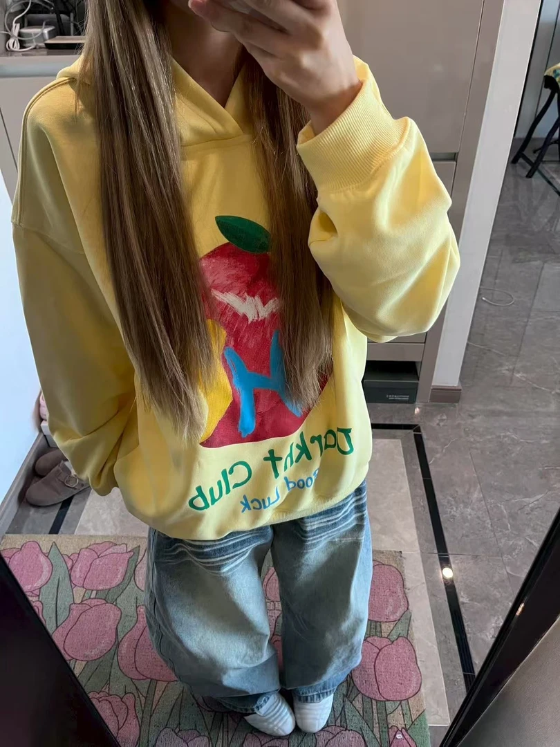 2025秋冬季多巴胺国潮苹果印花连帽宽松卫衣女宽松休闲慵懒风外套