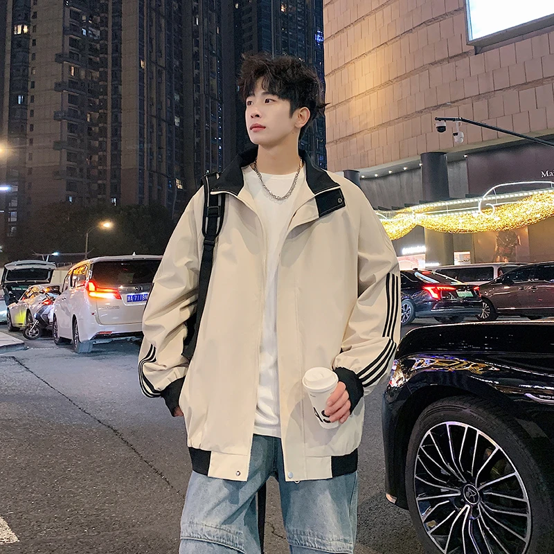 户外机能立领运动夹克男生宽松防风防水保暖三条杠外套高级感上衣